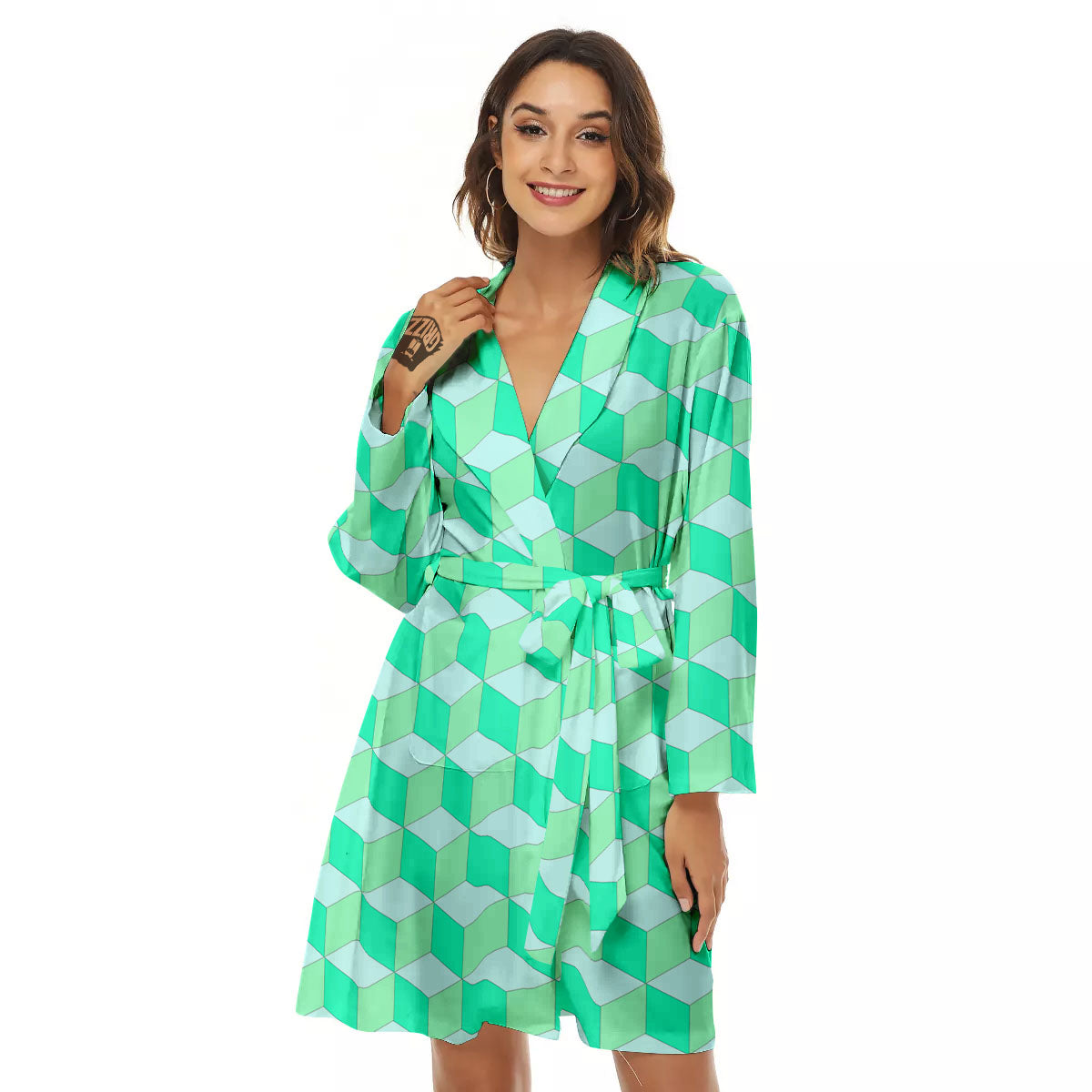 Cube Shape Green Geometric Print Pattern Women's Robe-grizzshop