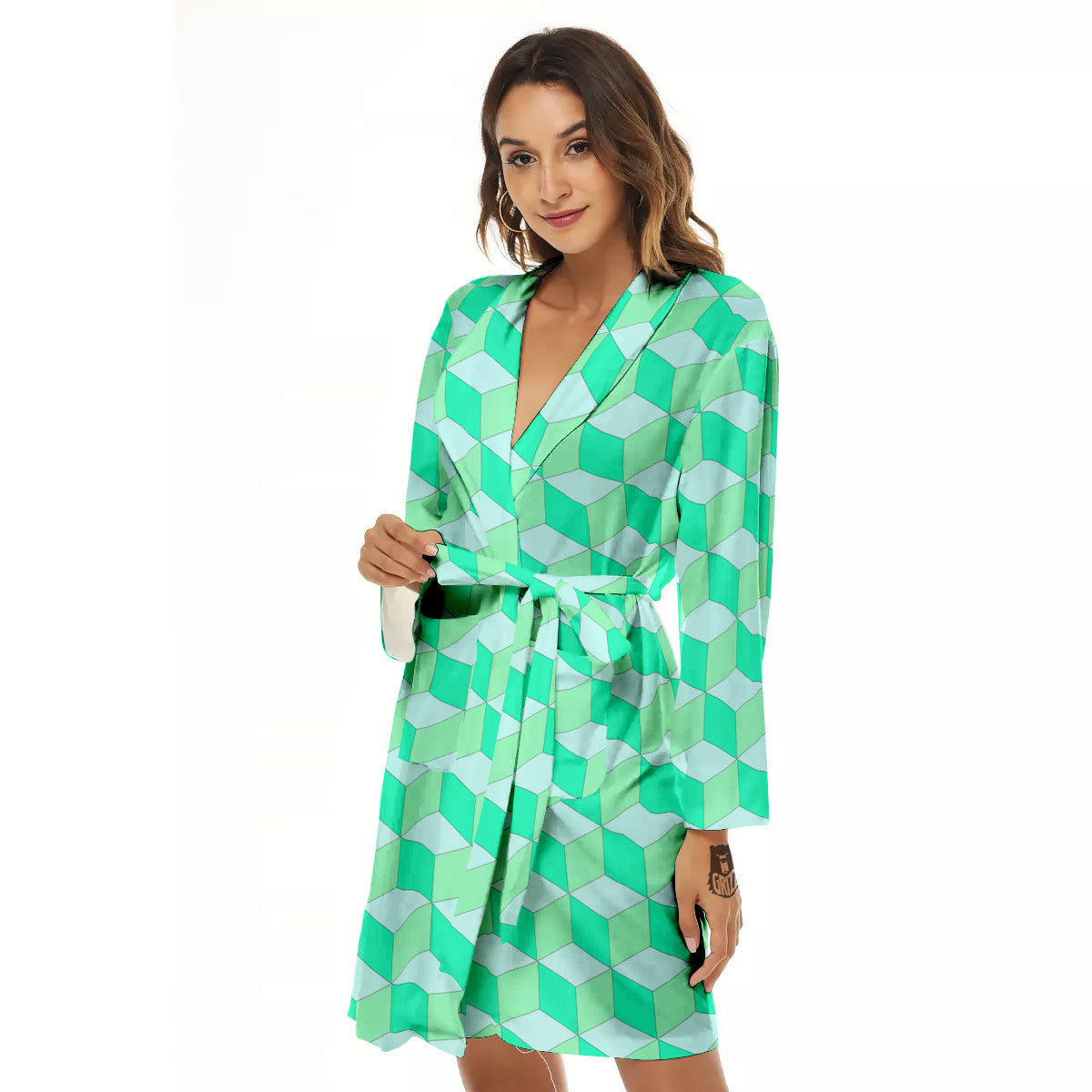 Cube Shape Green Geometric Print Pattern Women's Robe-grizzshop