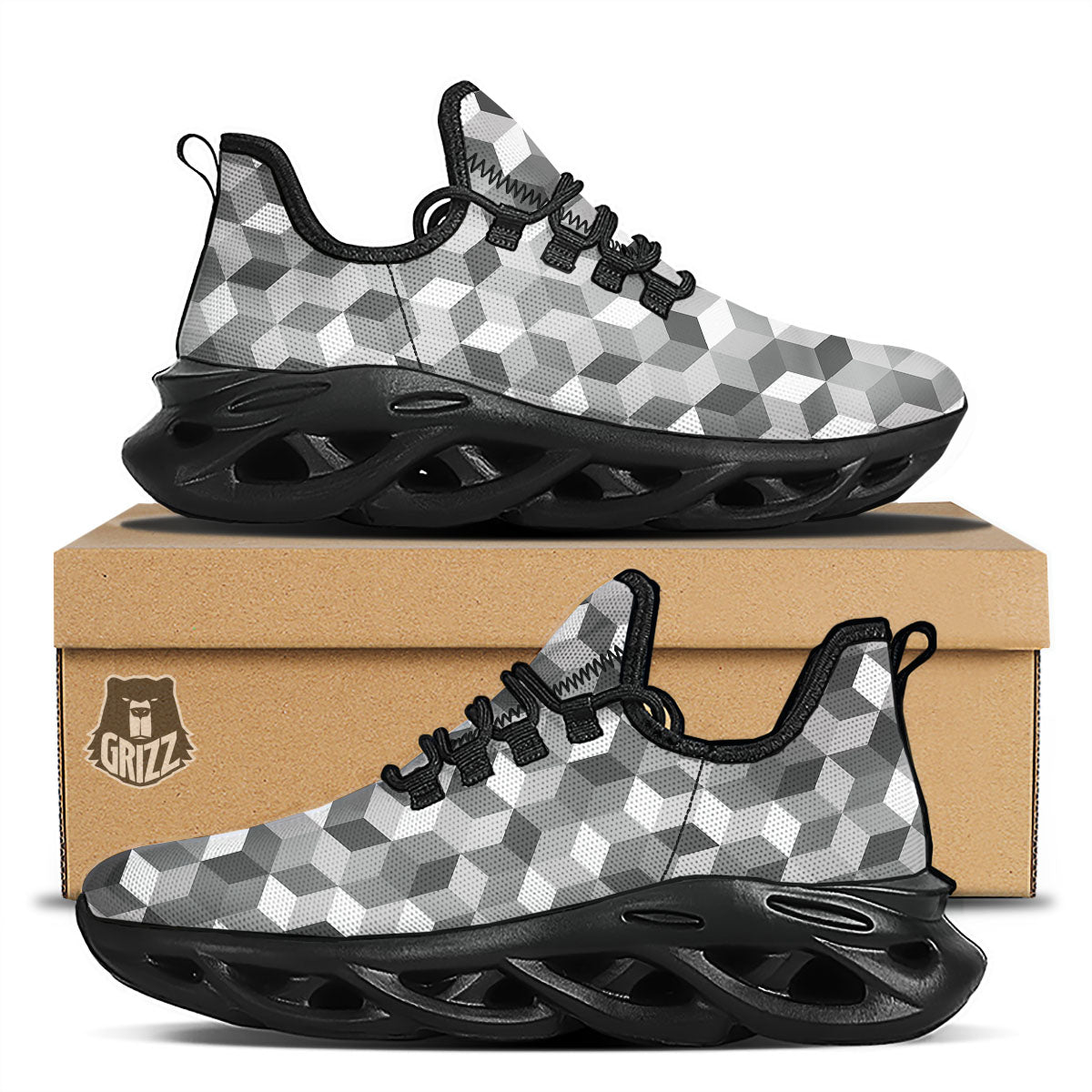 Cube Shape Grey Geometric Print Pattern Black Running Shoes-grizzshop