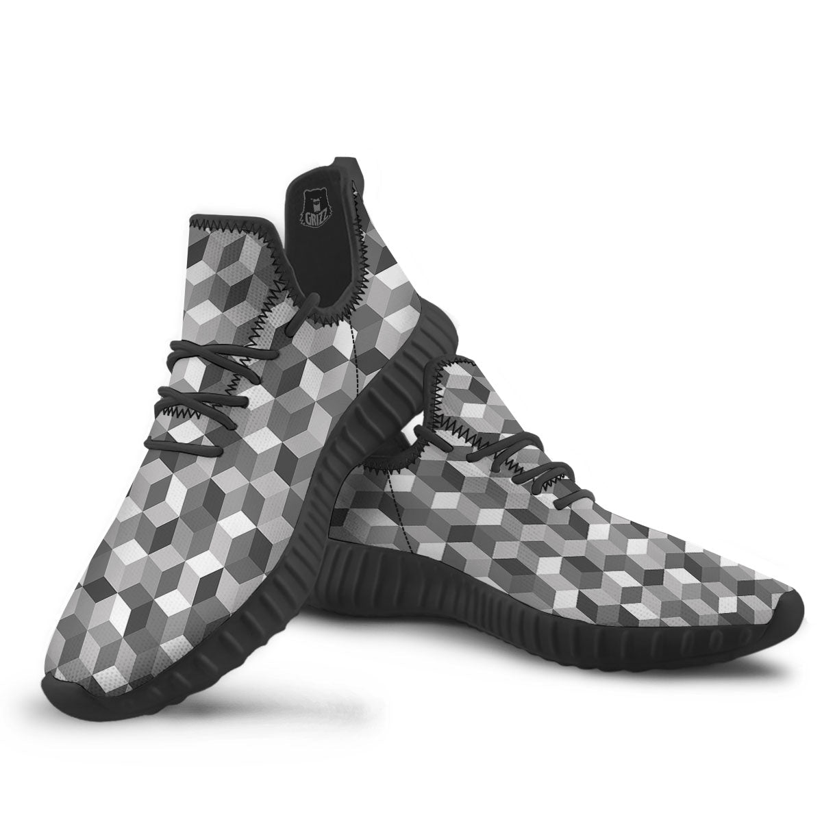 Cube Shape Grey Geometric Print Pattern Black Walking Shoes-grizzshop