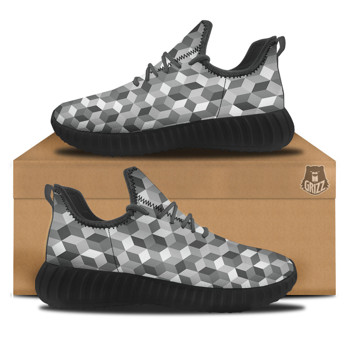 Cube Shape Grey Geometric Print Pattern Black Walking Shoes-grizzshop