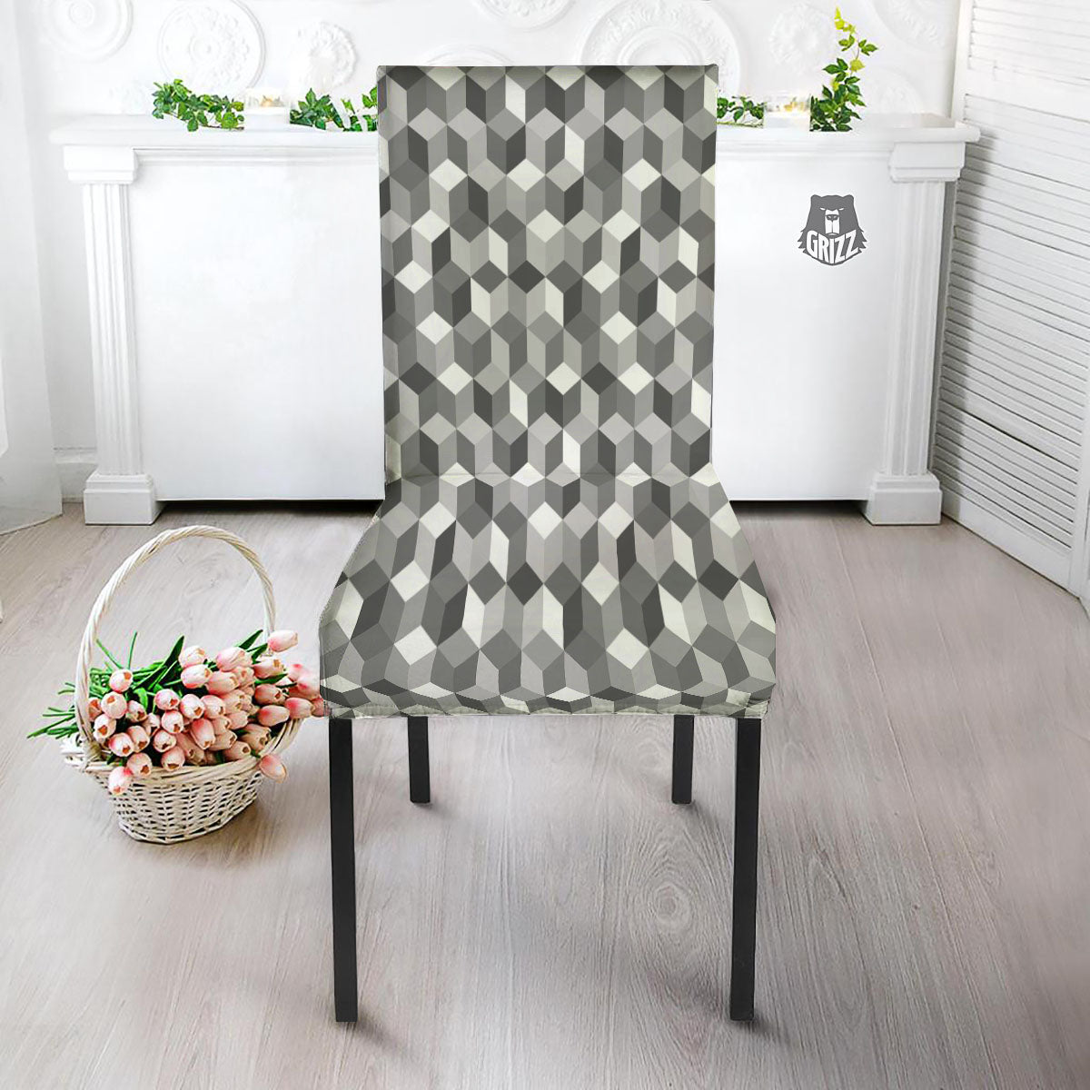 Cube Shape Grey Geometric Print Pattern Dining Chair Slipcover-grizzshop