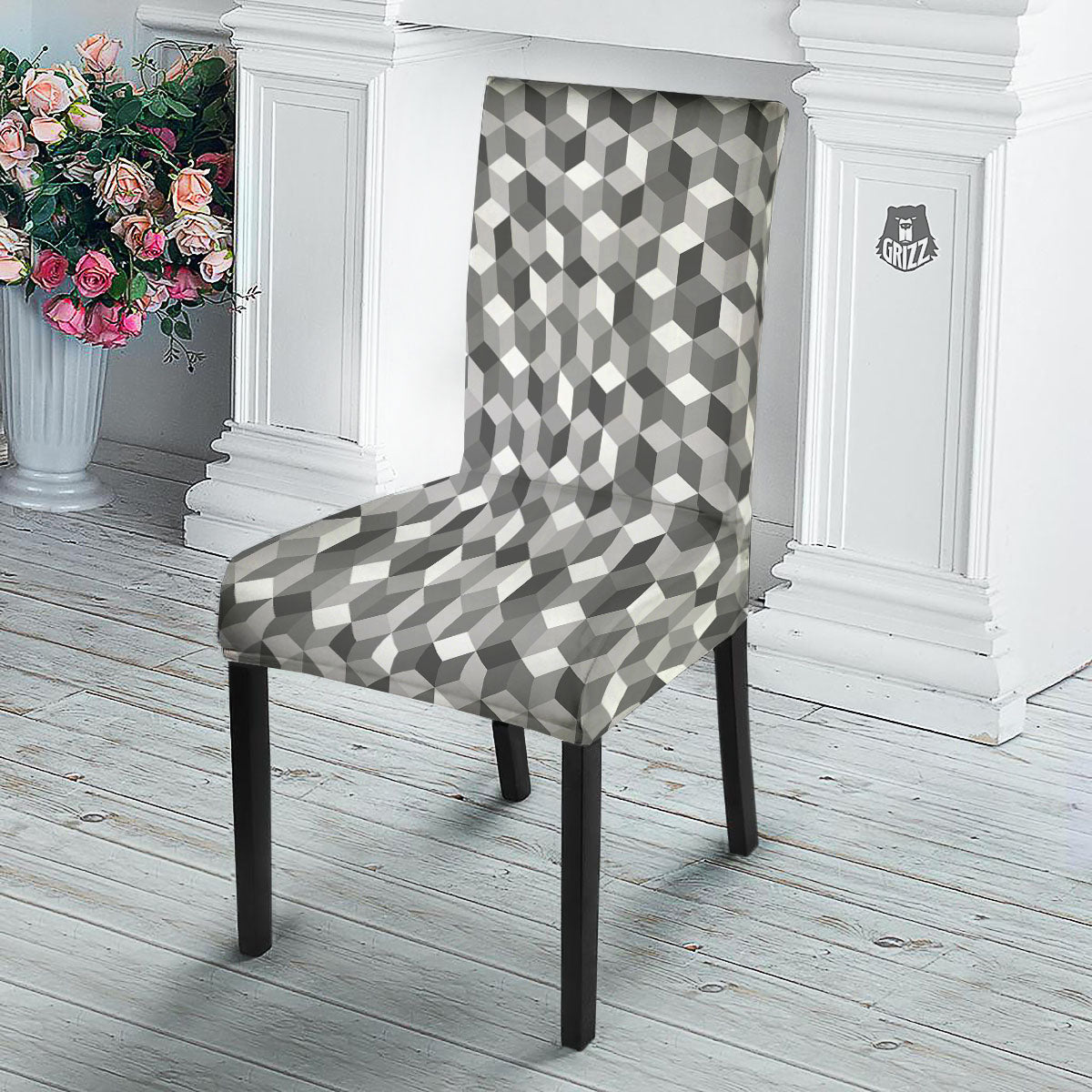 Cube Shape Grey Geometric Print Pattern Dining Chair Slipcover-grizzshop