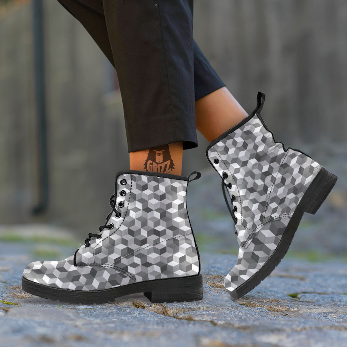 Cube Shape Grey Geometric Print Pattern Leather Boots-grizzshop