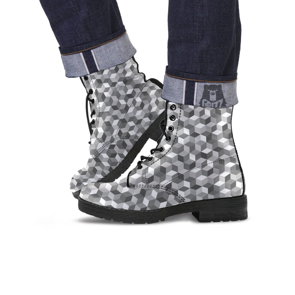 Cube Shape Grey Geometric Print Pattern Leather Boots-grizzshop