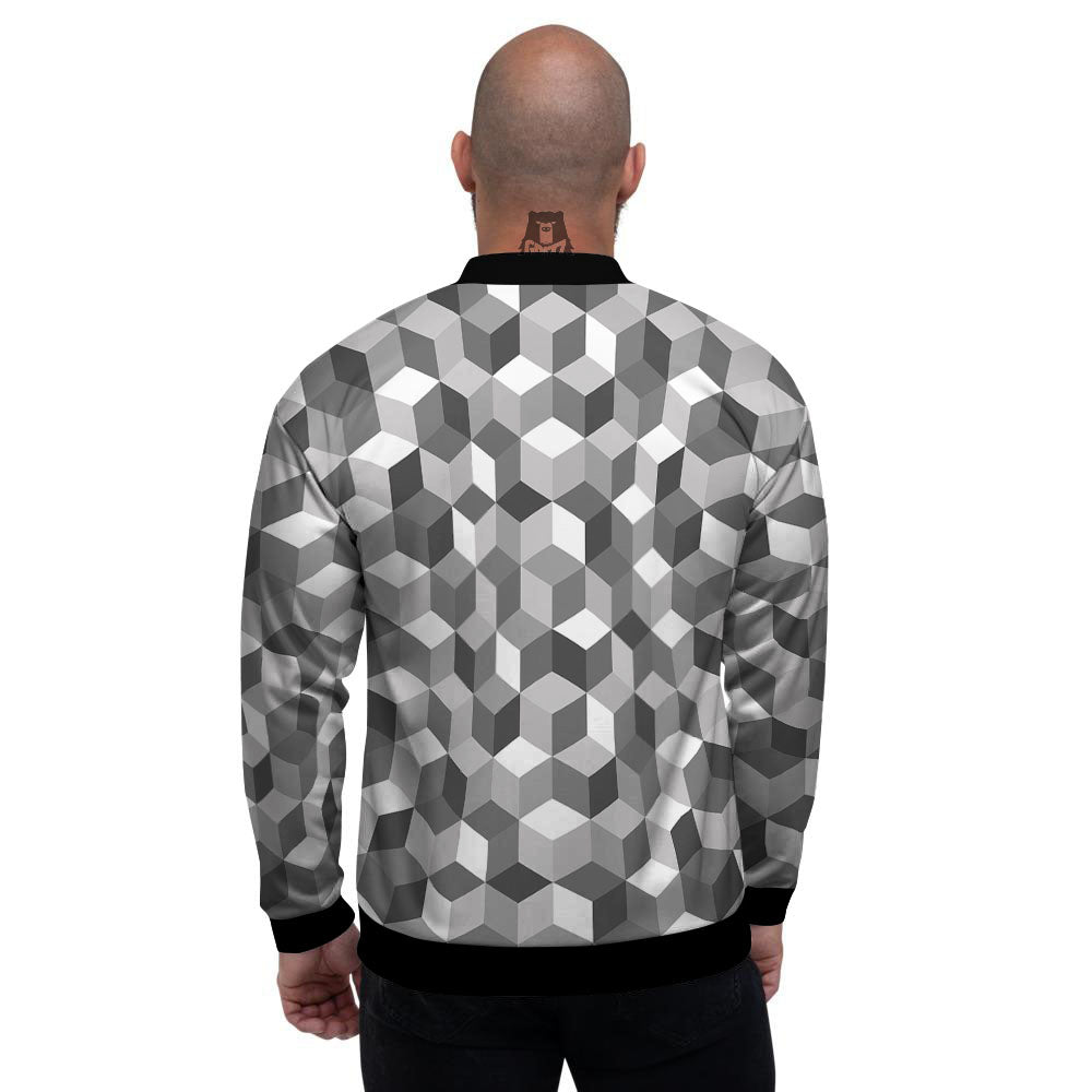 Cube Shape Grey Geometric Print Pattern Men's Bomber Jacket-grizzshop
