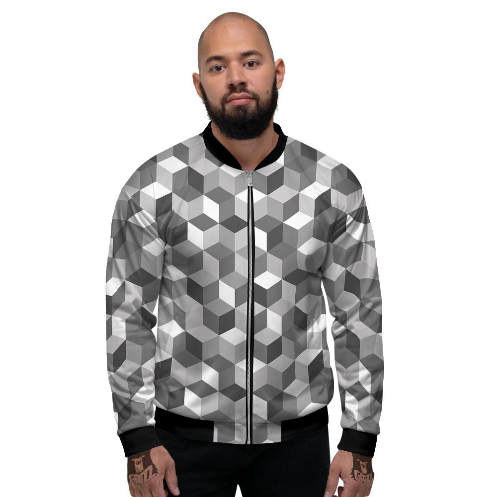 Cube Shape Grey Geometric Print Pattern Men's Bomber Jacket-grizzshop