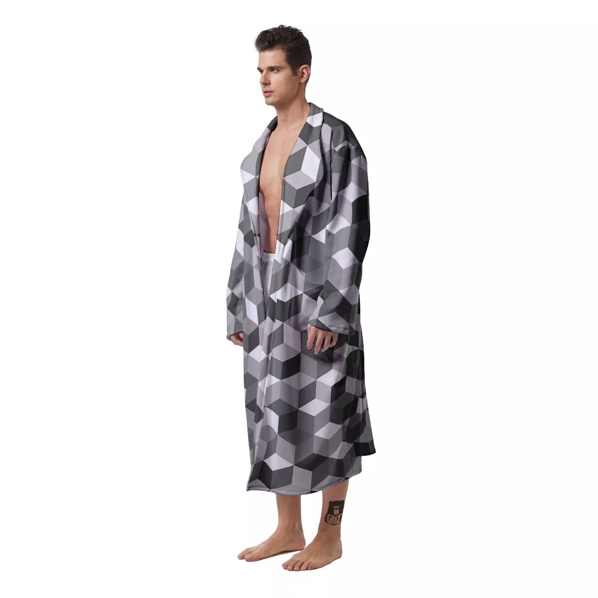 Cube Shape Grey Geometric Print Pattern Men's Robe-grizzshop