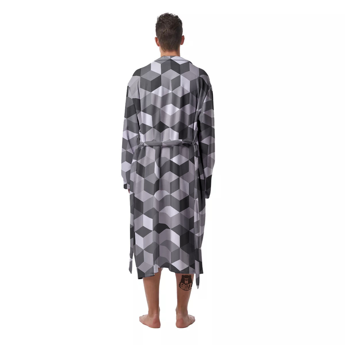 Cube Shape Grey Geometric Print Pattern Men's Robe-grizzshop