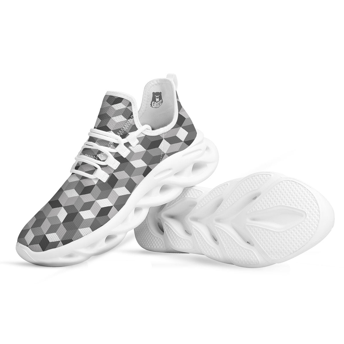 Cube Shape Grey Geometric Print Pattern White Running Shoes-grizzshop