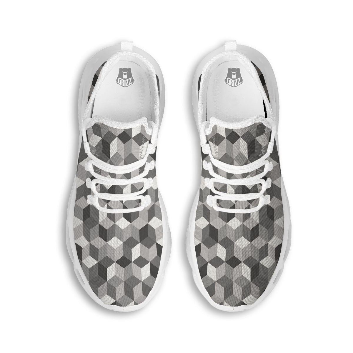 Cube Shape Grey Geometric Print Pattern White Running Shoes-grizzshop
