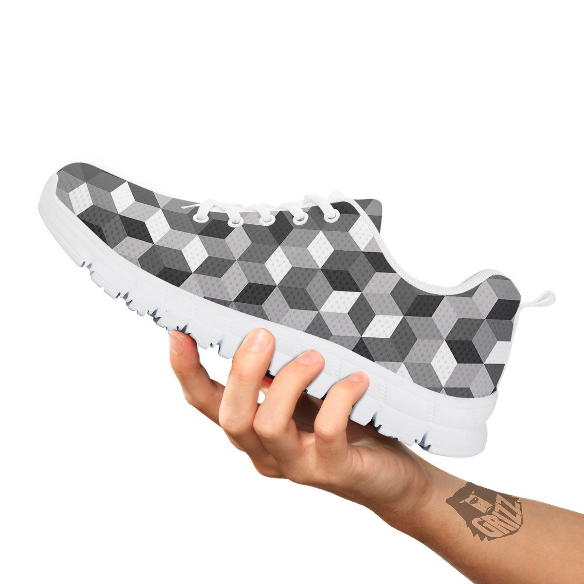 Cube Shape Grey Geometric Print Pattern White Sneaker-grizzshop