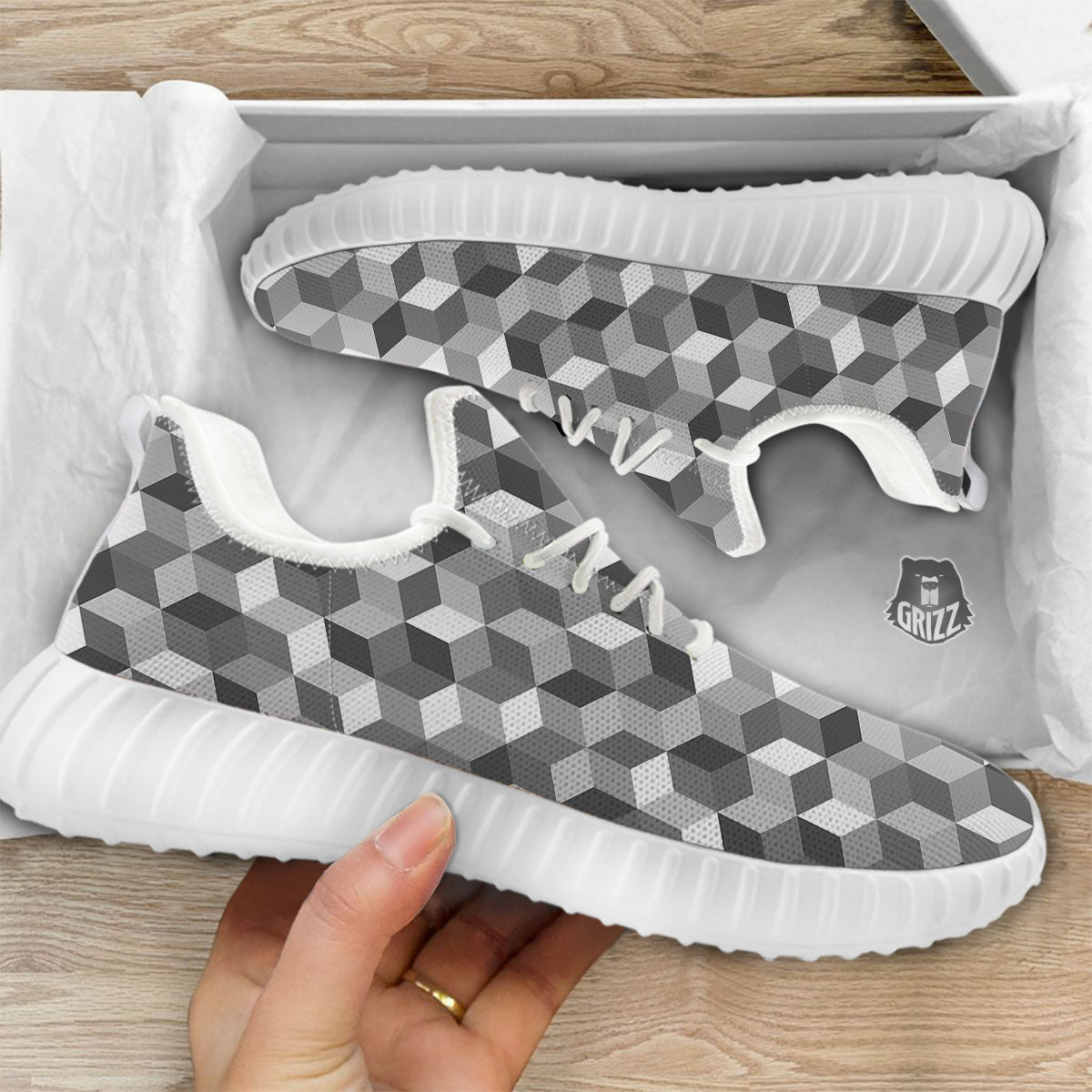 Cube Shape Grey Geometric Print Pattern White Walking Shoes-grizzshop