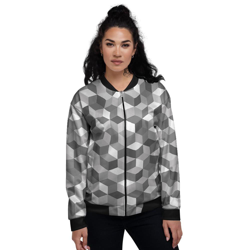 Cube Shape Grey Geometric Print Pattern Women's Bomber Jacket-grizzshop