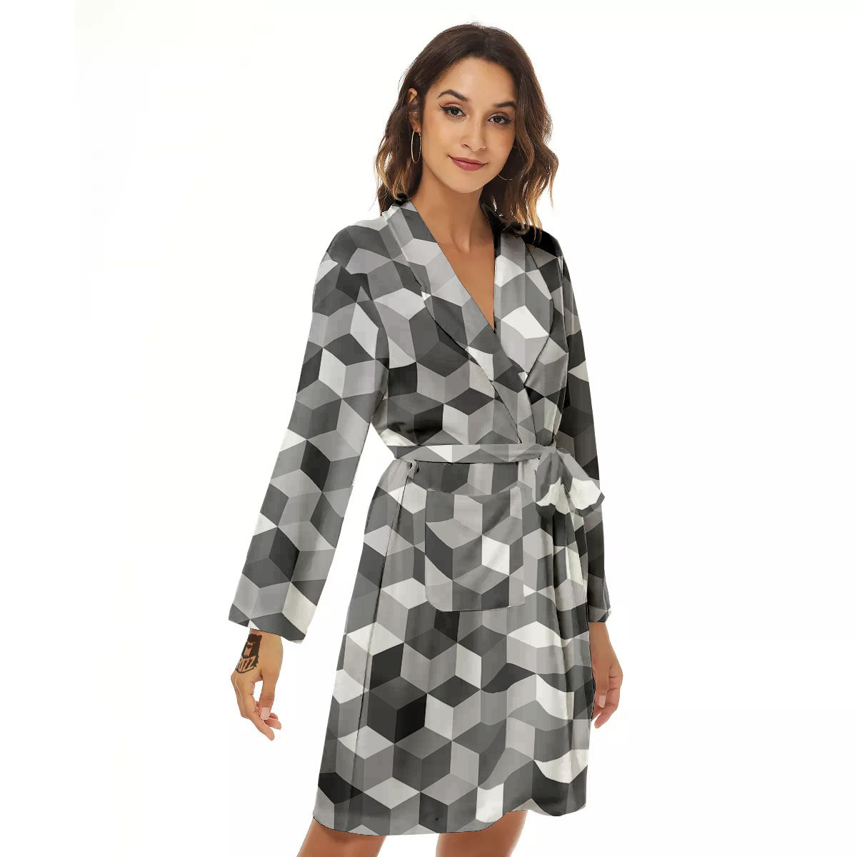 Cube Shape Grey Geometric Print Pattern Women's Robe-grizzshop