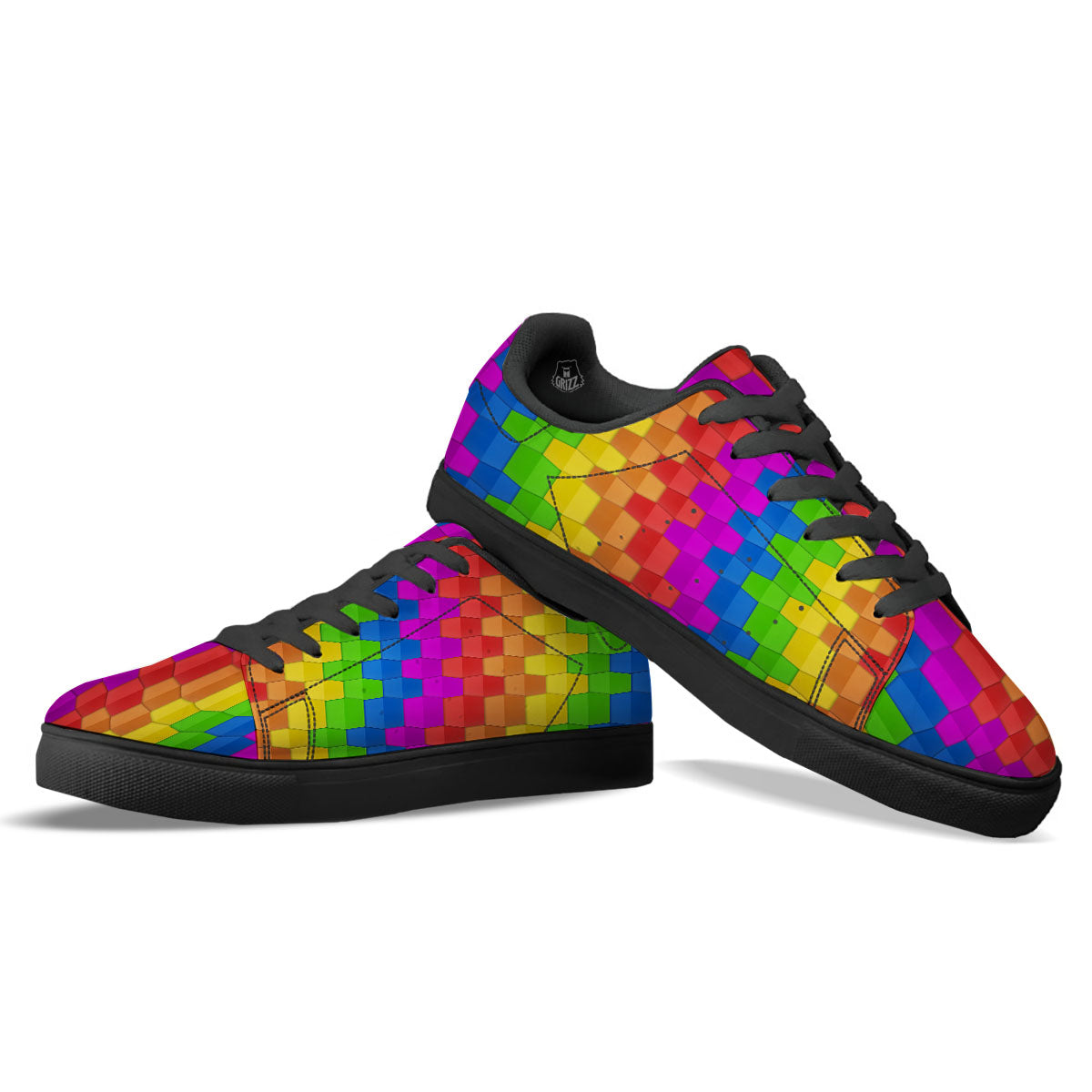 Cubes Rainbow Print Pattern Black Low Top Sneakers-grizzshop