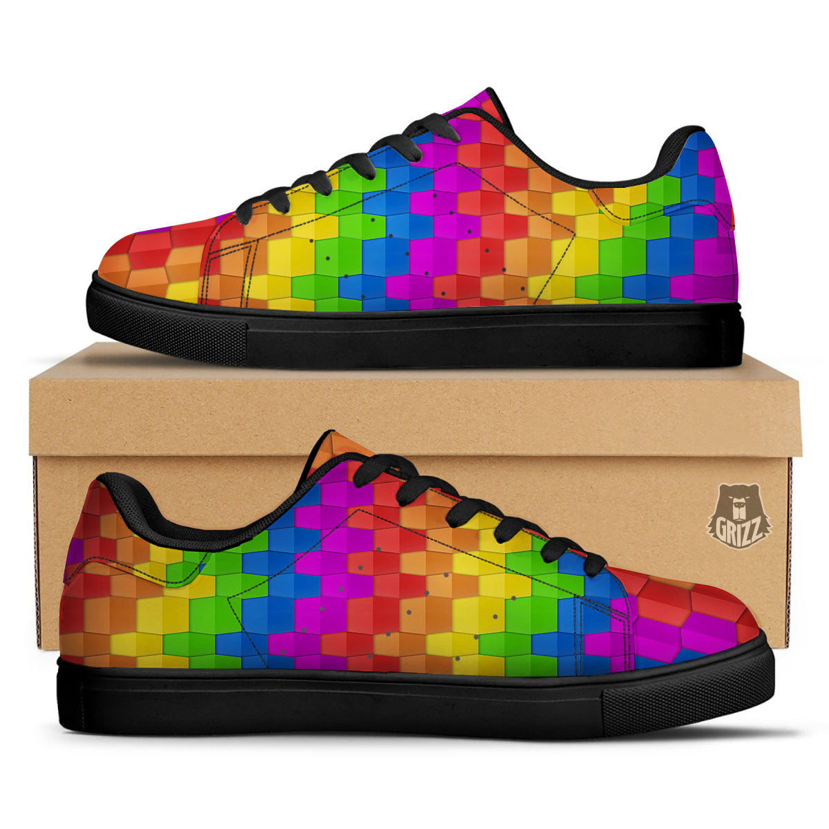 Cubes Rainbow Print Pattern Black Low Top Sneakers-grizzshop