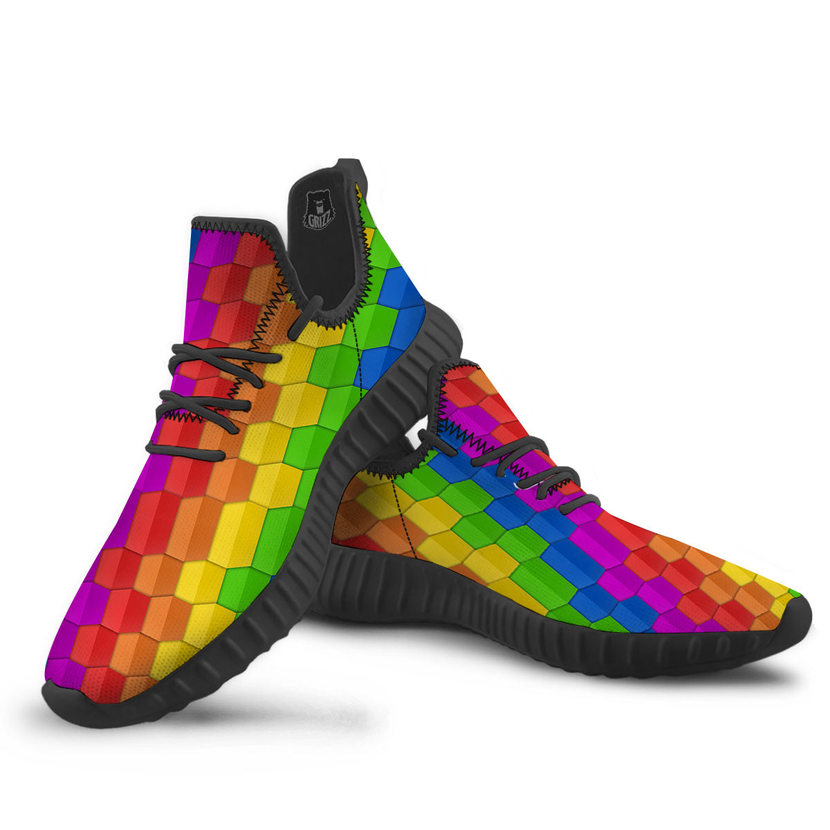 Cubes Rainbow Print Pattern Black Walking Shoes-grizzshop