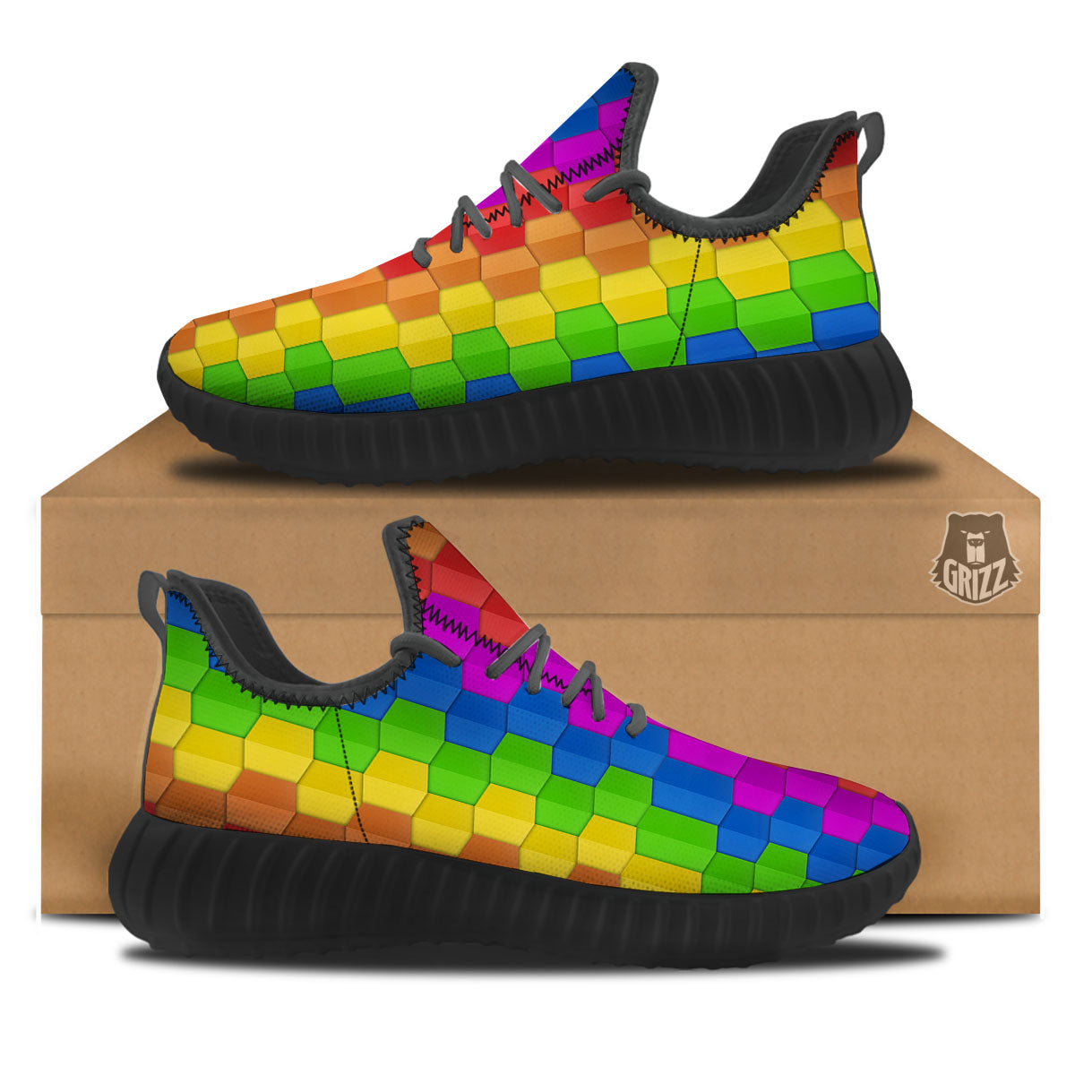 Cubes Rainbow Print Pattern Black Walking Shoes-grizzshop