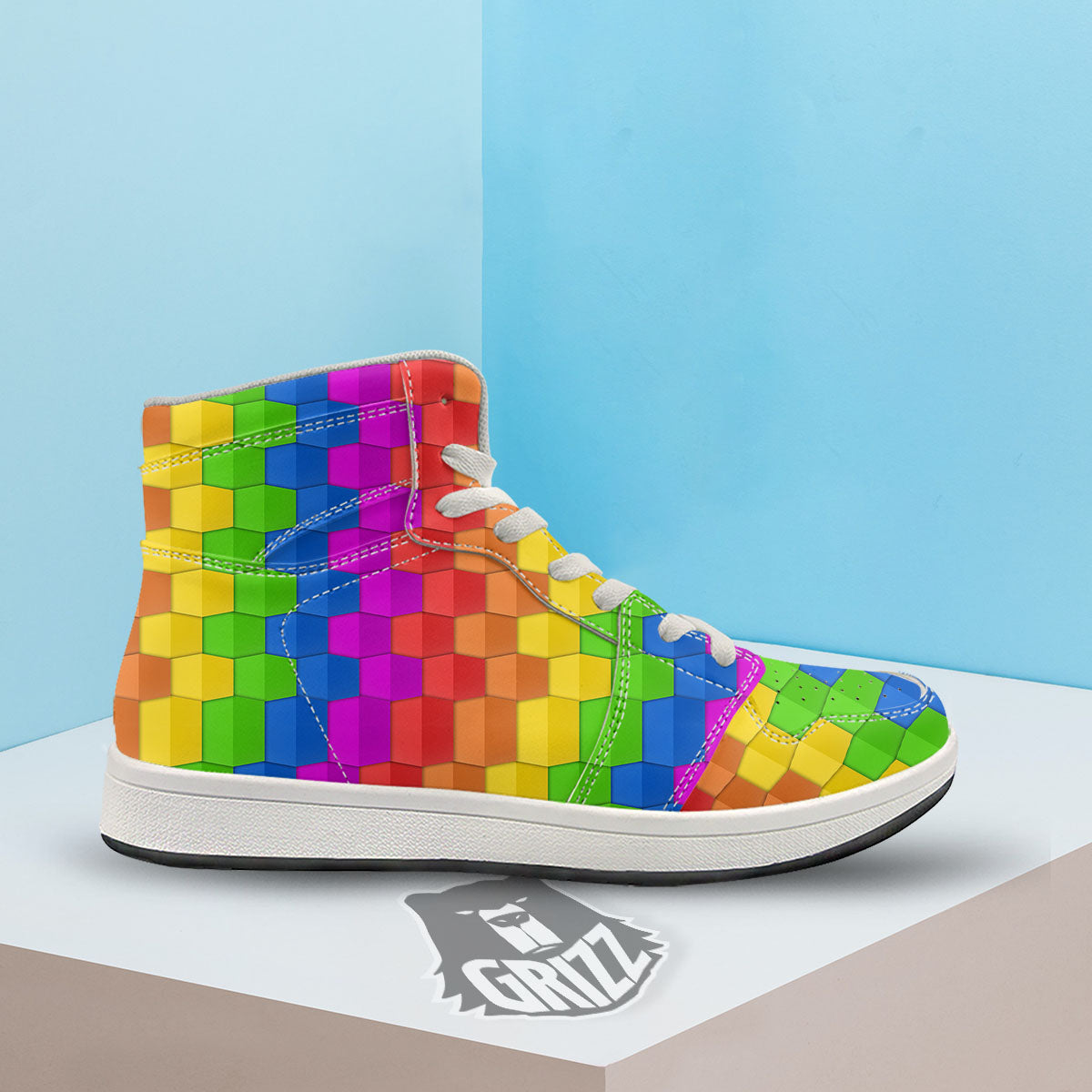 Cubes Rainbow Print Pattern High Top Sneakers-grizzshop