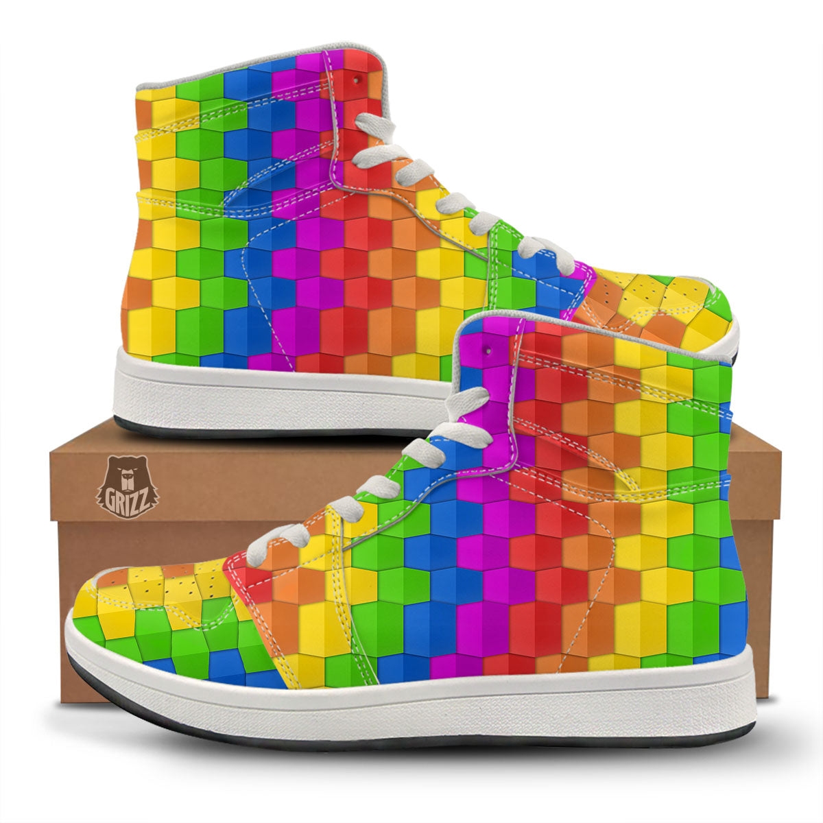 Cubes Rainbow Print Pattern High Top Sneakers-grizzshop