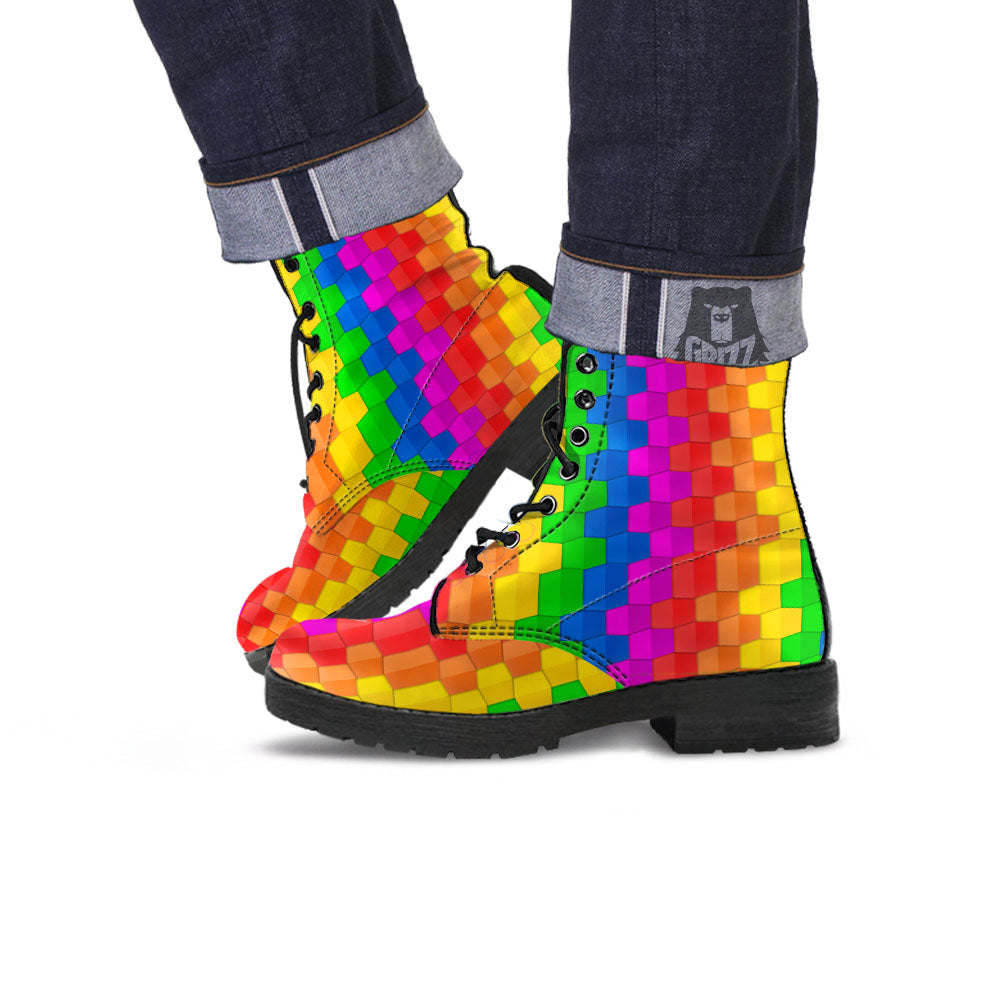 Cubes Rainbow Print Pattern Leather Boots-grizzshop