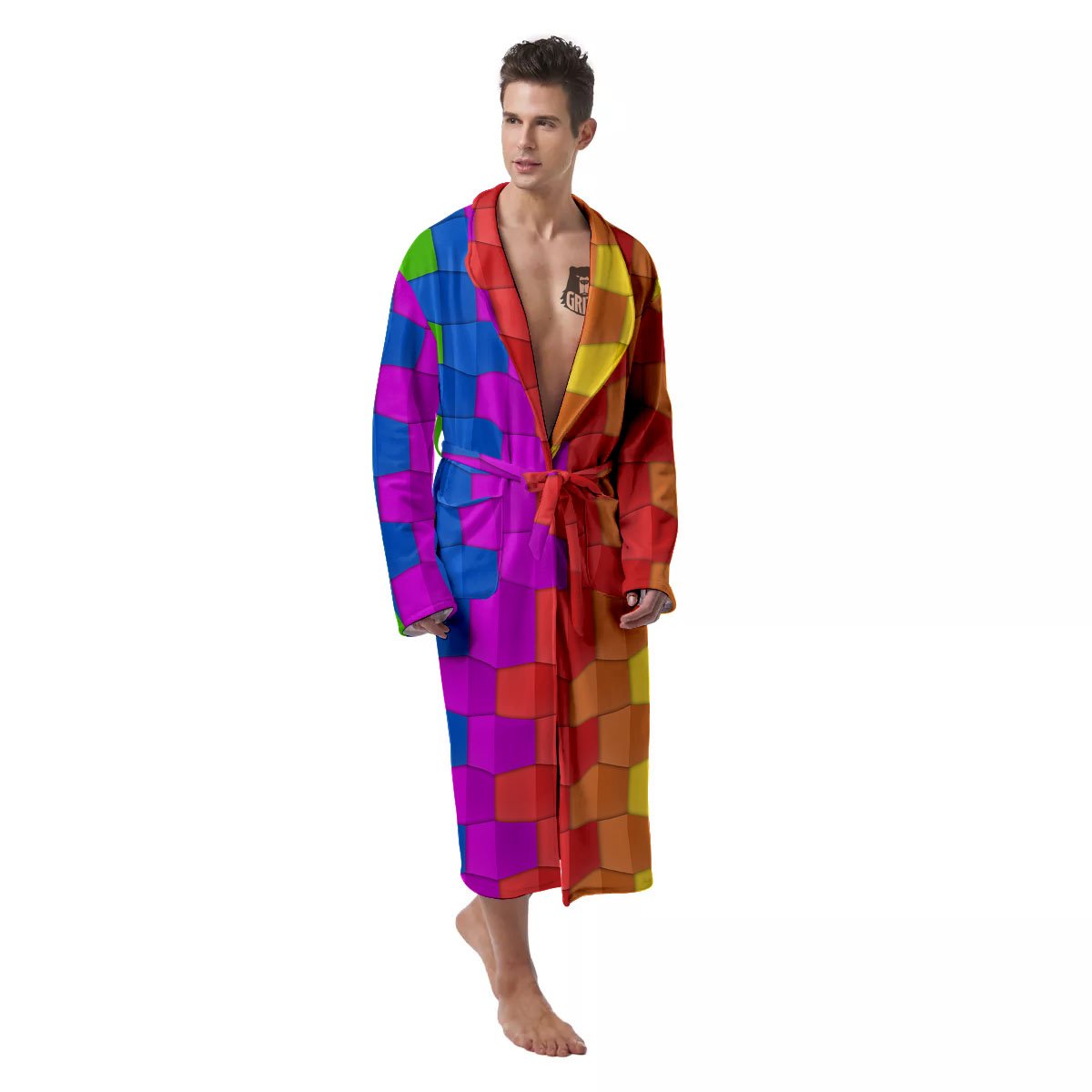 Cubes Rainbow Print Pattern Men's Robe-grizzshop