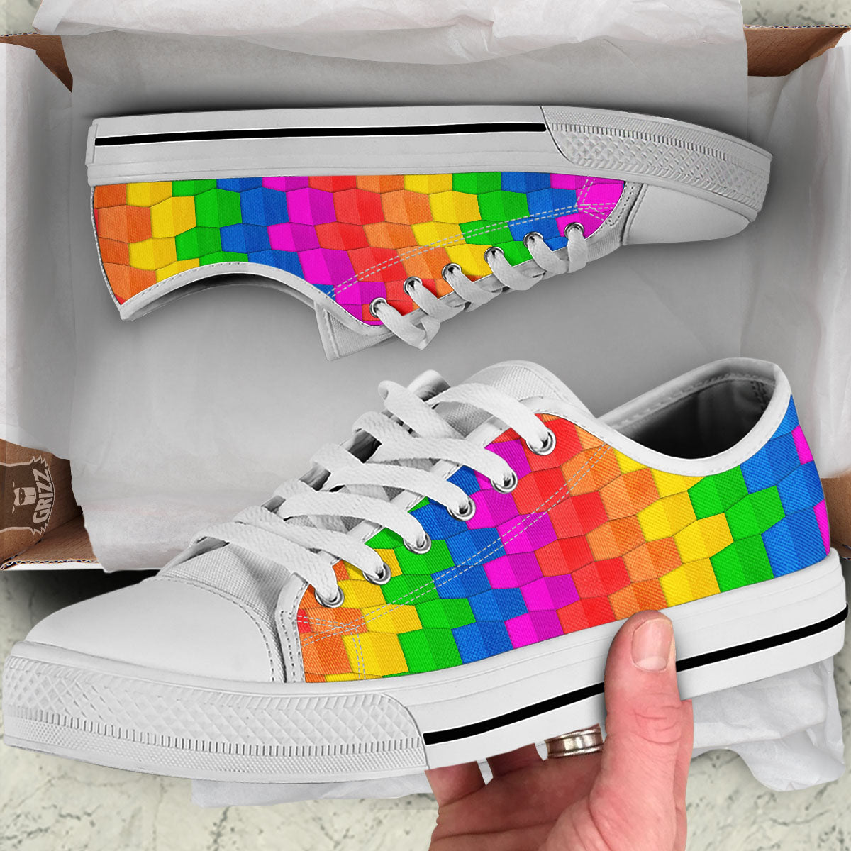 Cubes Rainbow Print Pattern White Low Top Shoes-grizzshop
