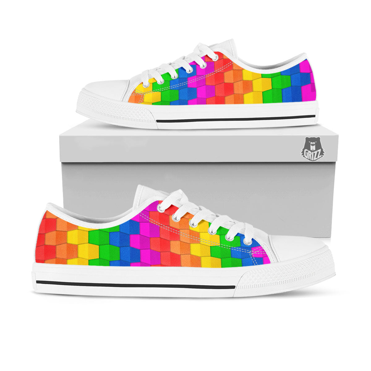 Cubes Rainbow Print Pattern White Low Top Shoes-grizzshop