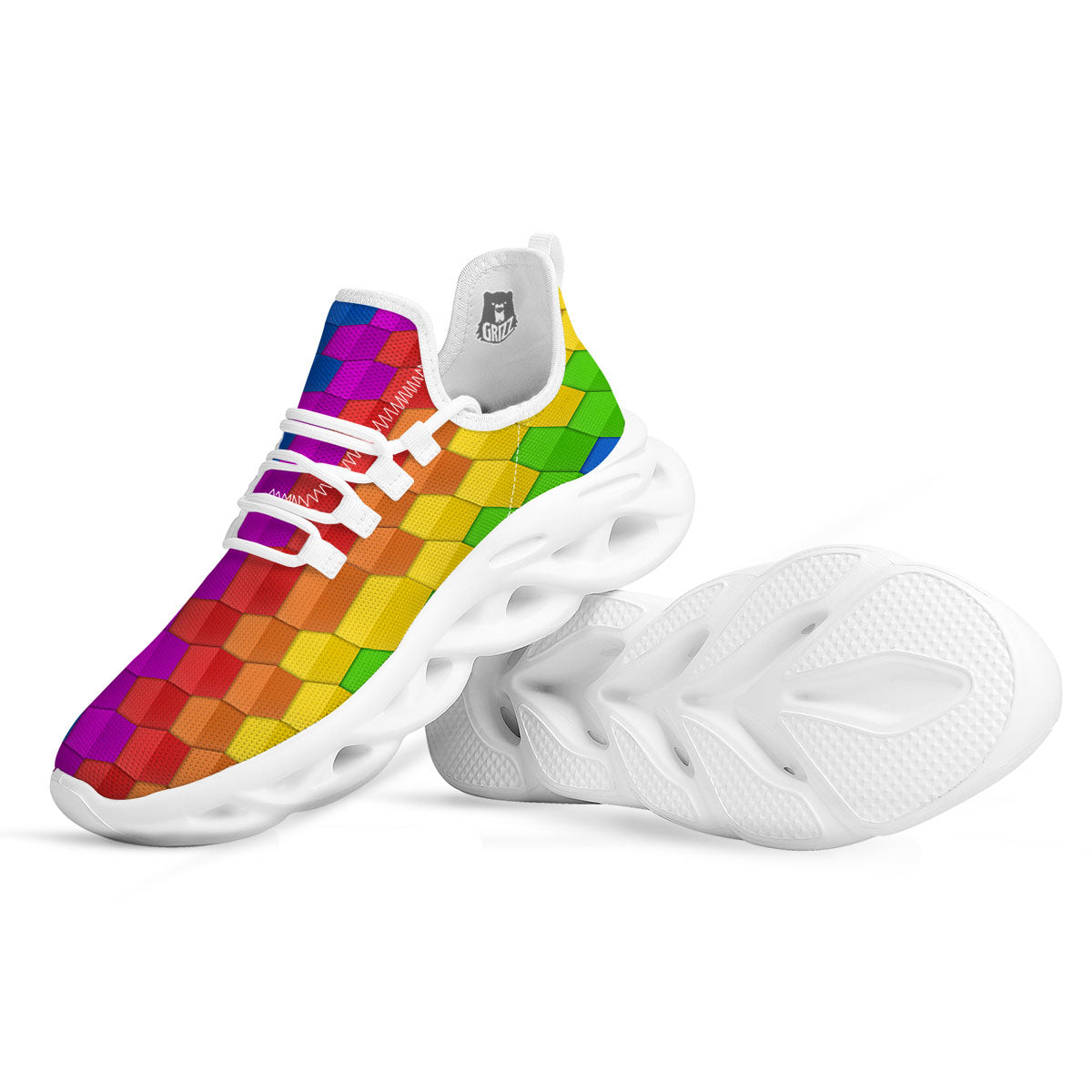 Cubes Rainbow Print Pattern White Running Shoes-grizzshop