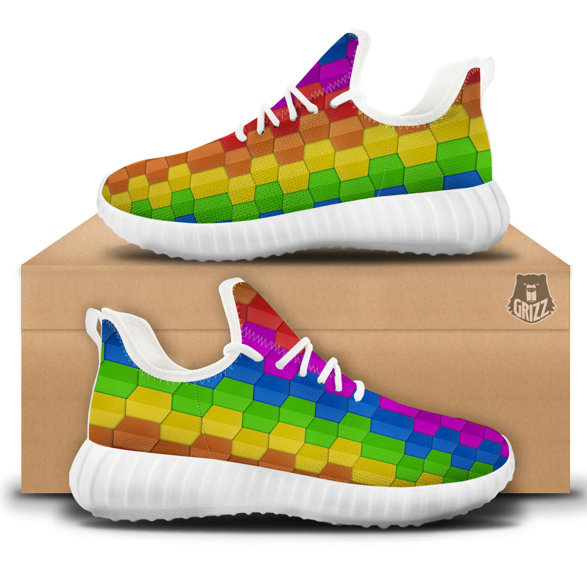 Cubes Rainbow Print Pattern White Walking Shoes-grizzshop