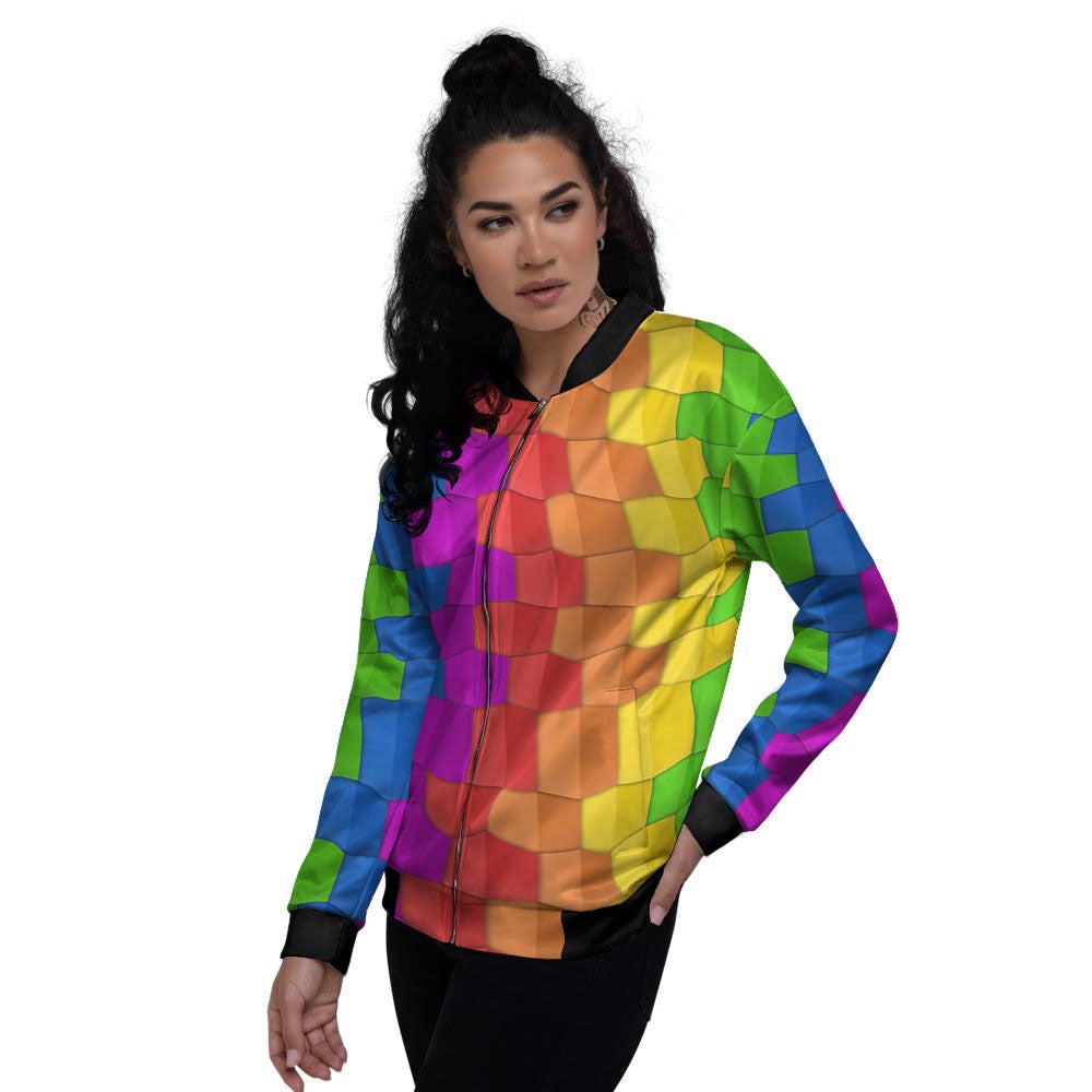 Cubes Rainbow Print Pattern Women's Bomber Jacket-grizzshop