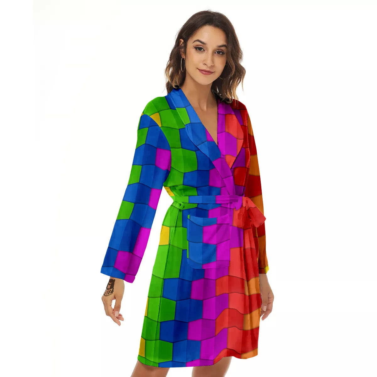 Cubes Rainbow Print Pattern Women's Robe-grizzshop