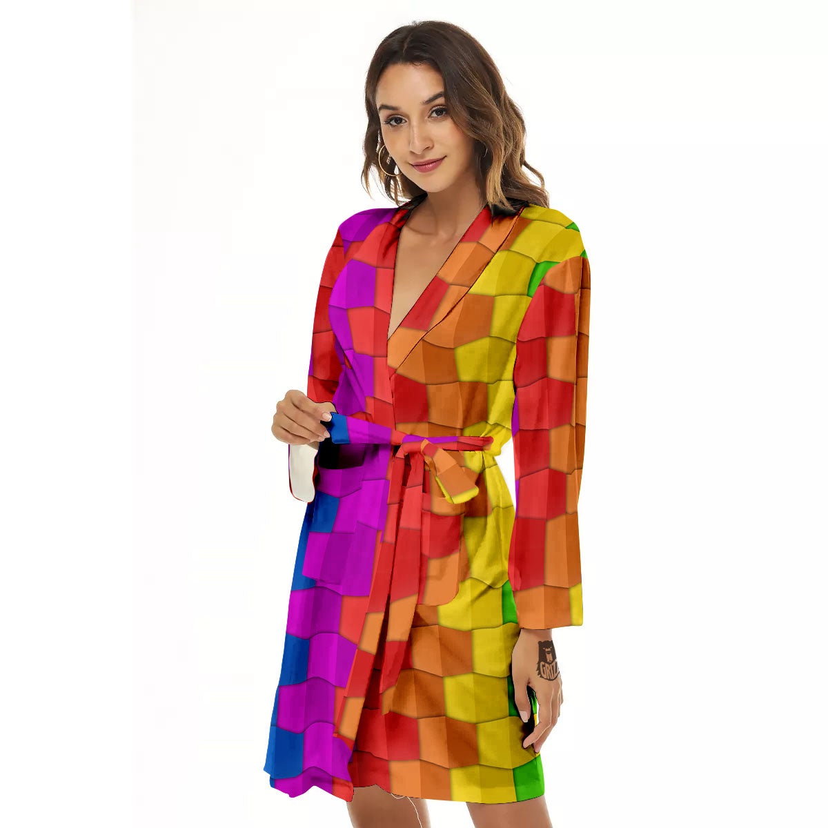 Cubes Rainbow Print Pattern Women's Robe-grizzshop
