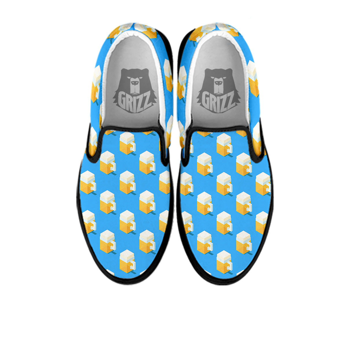 Cubic Beer Mugs On Blue Print Pattern Black Slip On Shoes-grizzshop