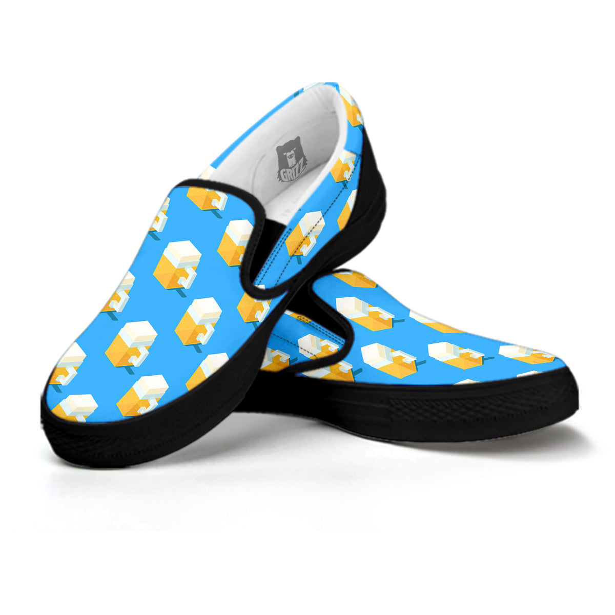 Cubic Beer Mugs On Blue Print Pattern Black Slip On Shoes-grizzshop