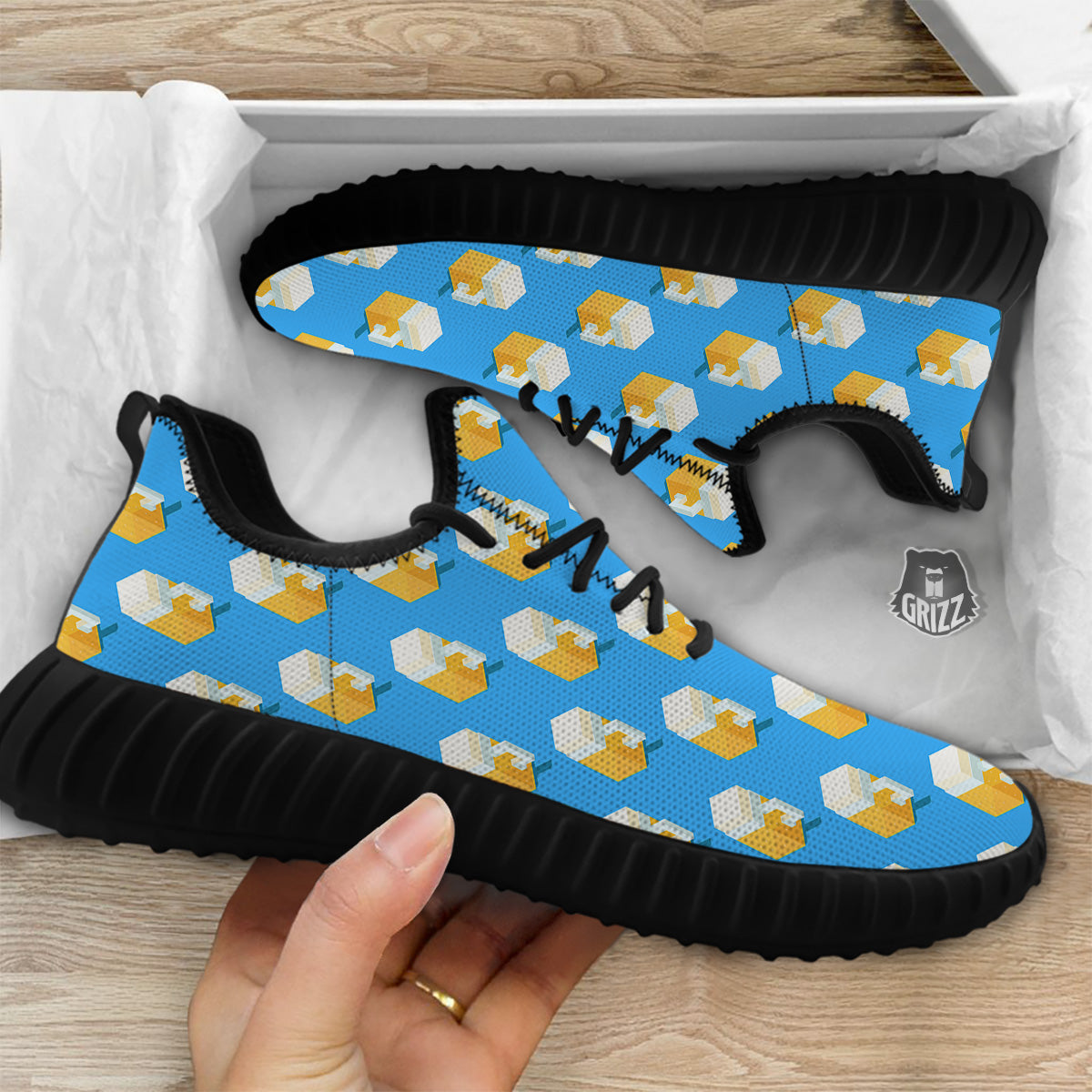 Cubic Beer Mugs On Blue Print Pattern Black Walking Shoes-grizzshop