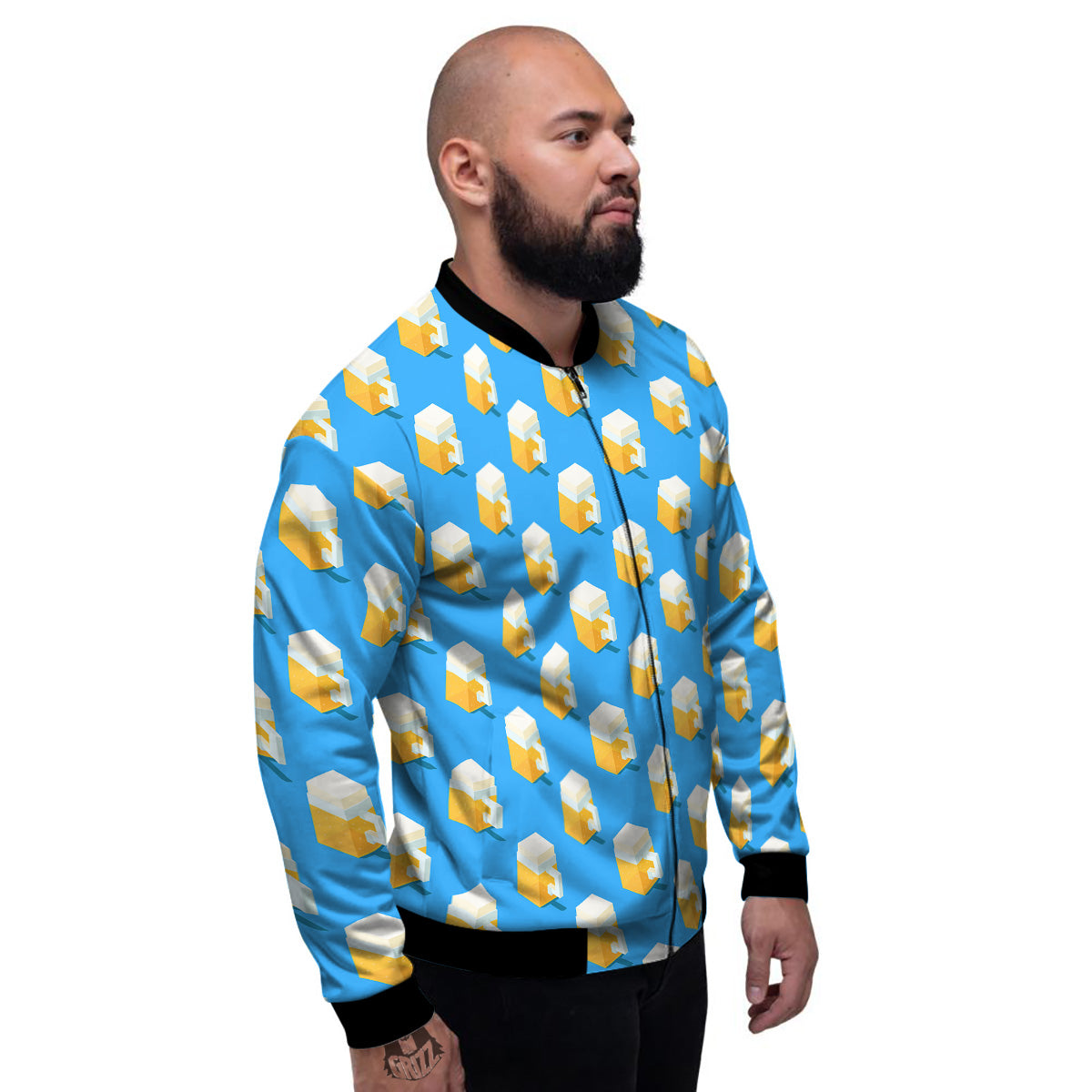 Cubic Beer Mugs On Blue Print Pattern Men's Bomber Jacket-grizzshop