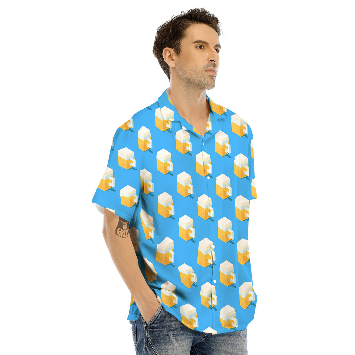 Cubic Beer Mugs On Blue Print Pattern Men's Hawaiian Shirt-grizzshop