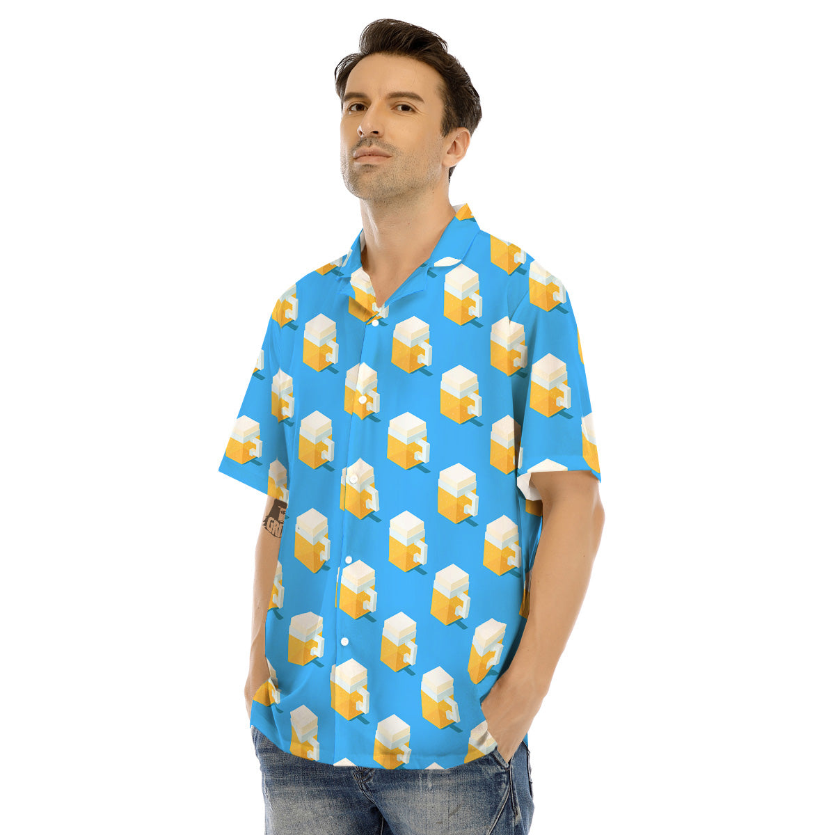 Cubic Beer Mugs On Blue Print Pattern Men's Hawaiian Shirt-grizzshop