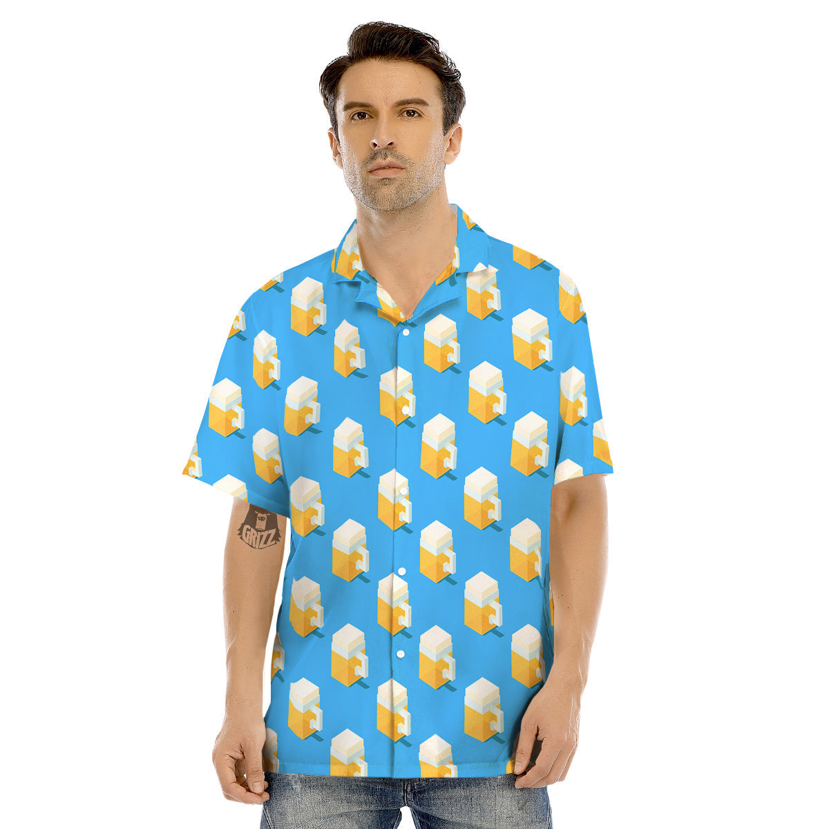 Cubic Beer Mugs On Blue Print Pattern Men's Hawaiian Shirt-grizzshop