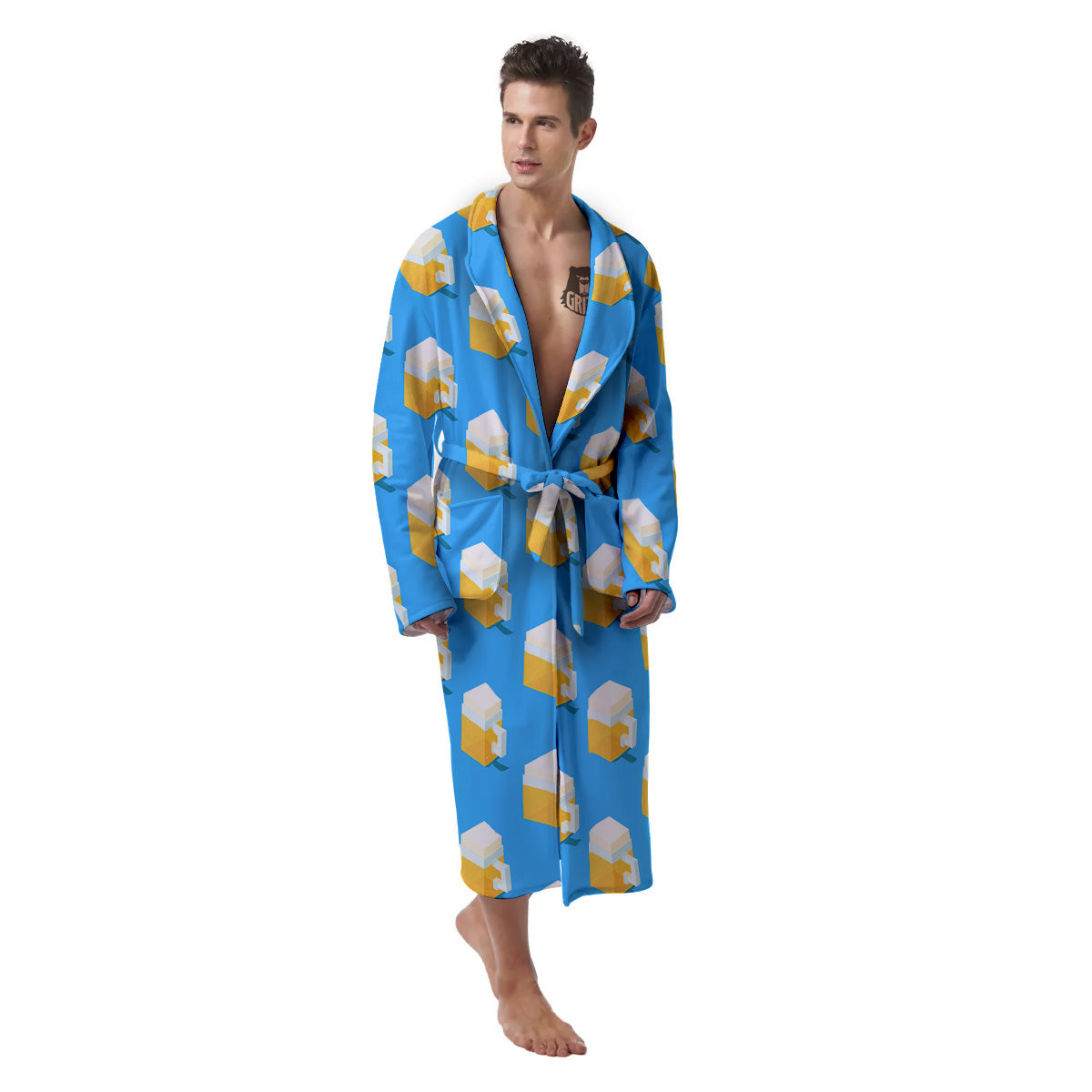 Cubic Beer Mugs On Blue Print Pattern Men's Robe-grizzshop