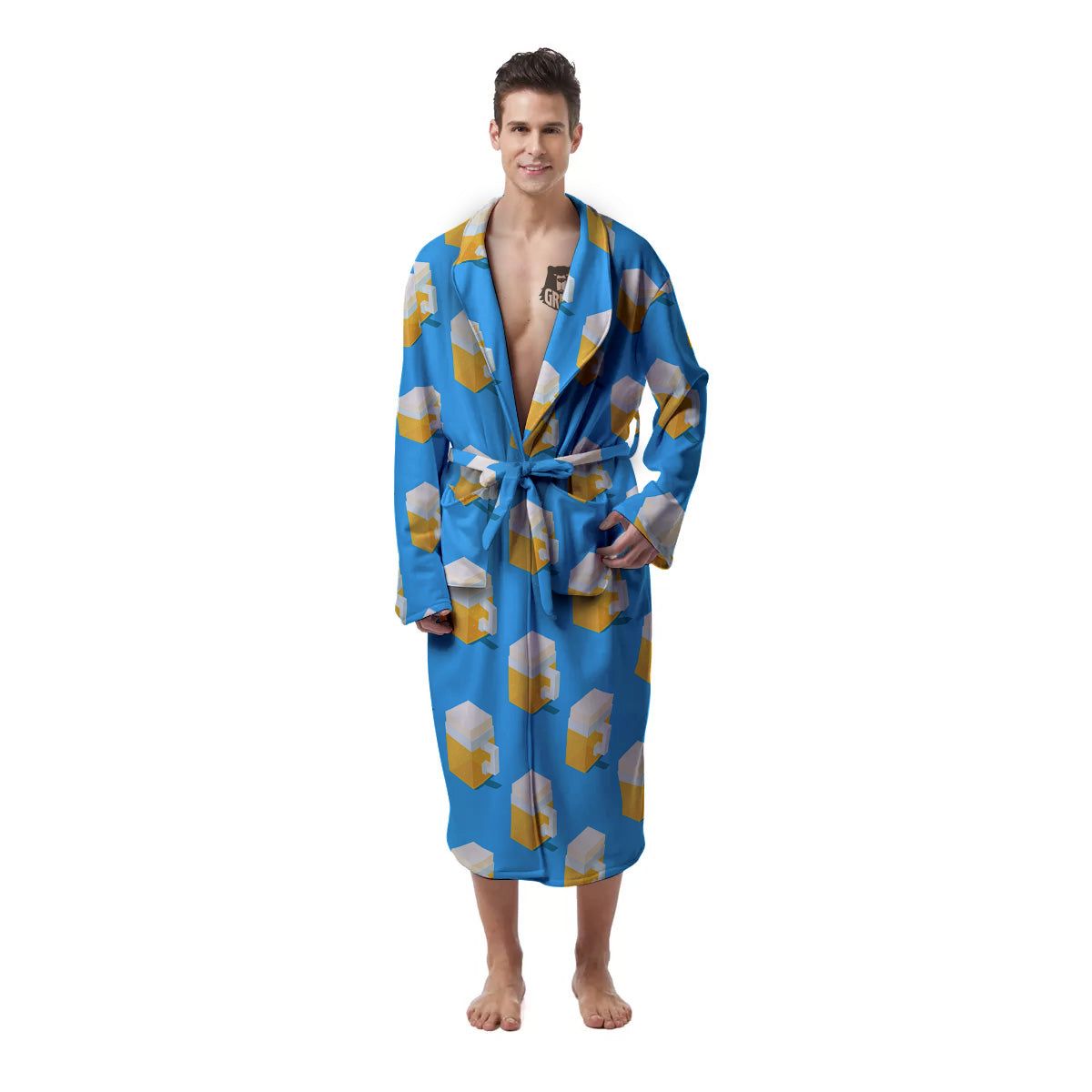 Cubic Beer Mugs On Blue Print Pattern Men's Robe-grizzshop