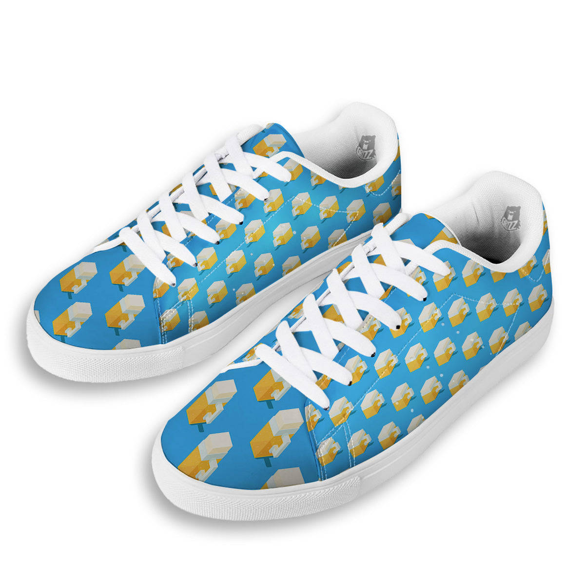 Cubic Beer Mugs On Blue Print Pattern White Low Top Sneakers-grizzshop
