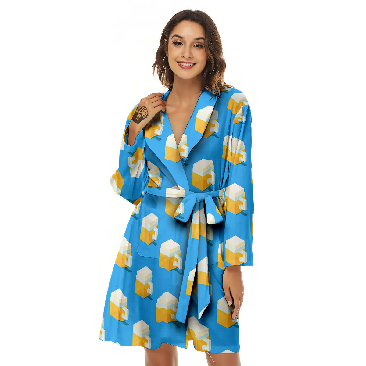 Cubic Beer Mugs On Blue Print Pattern Women's Robe-grizzshop