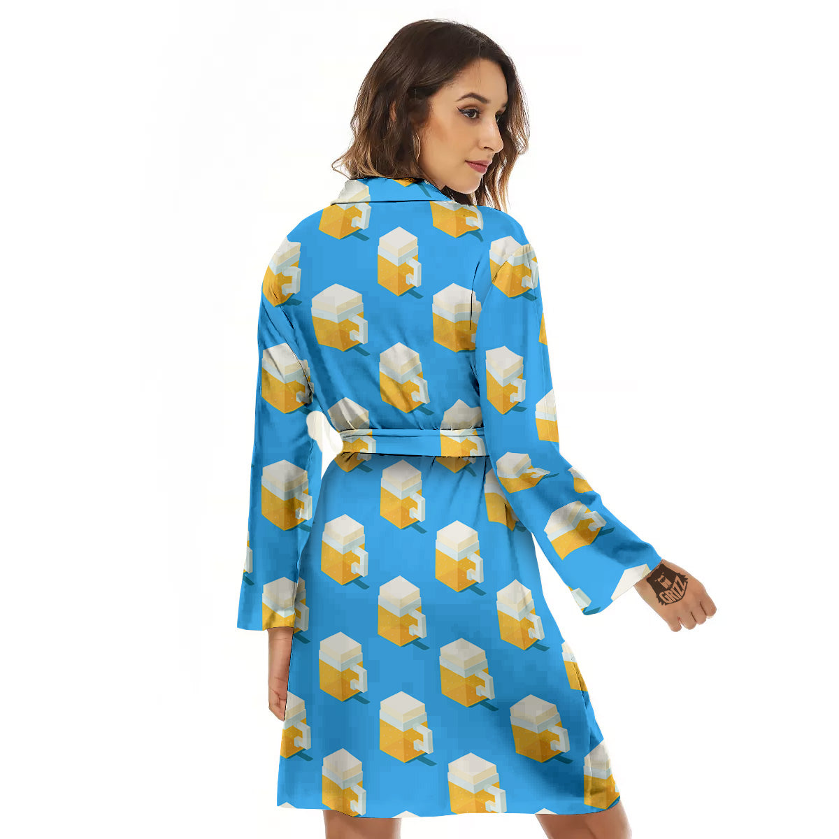 Cubic Beer Mugs On Blue Print Pattern Women's Robe-grizzshop