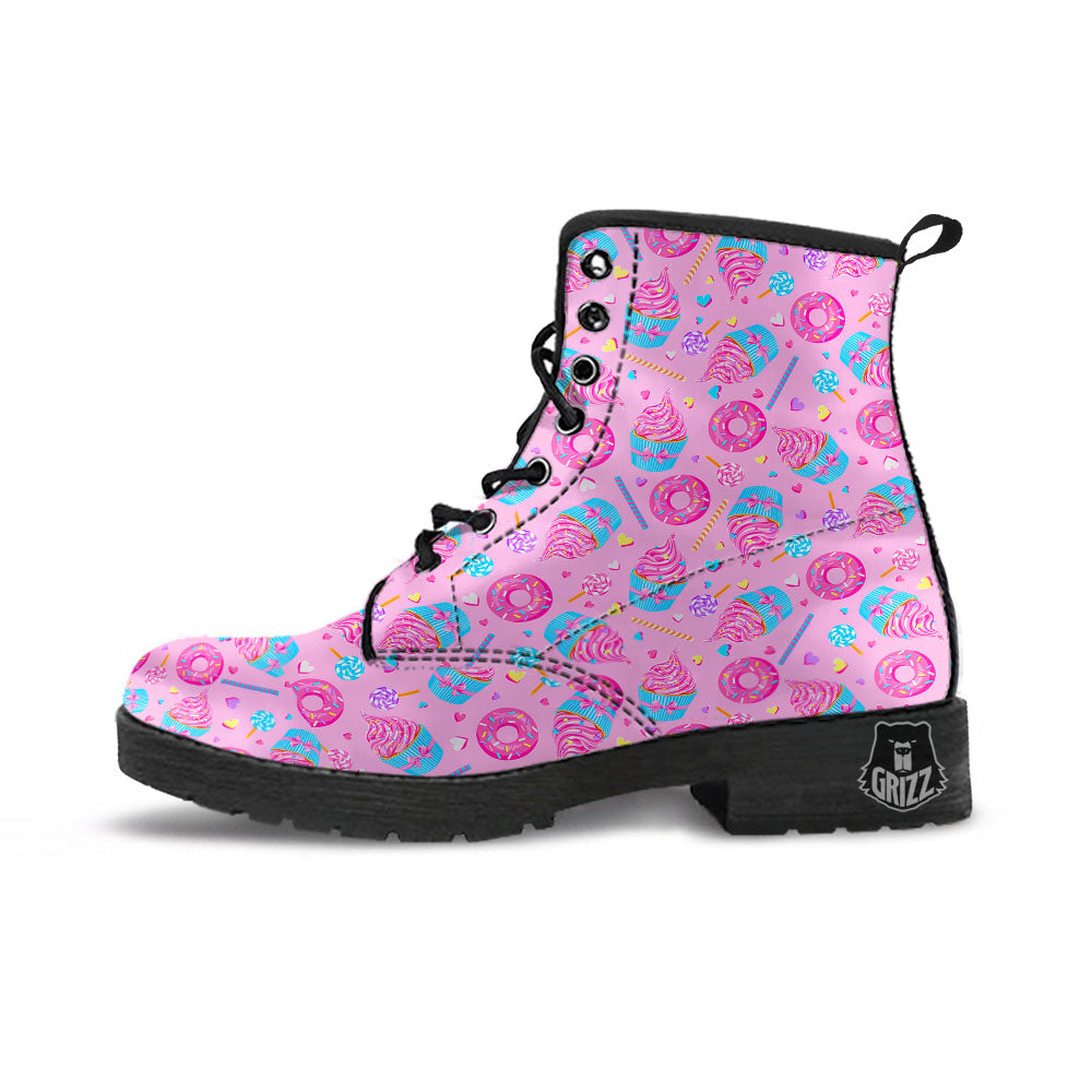 Cupcake Pink Print Pattern Leather Boots-grizzshop