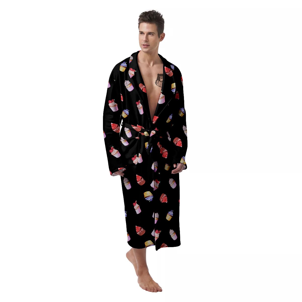 Cupcake Watercolor Print Pattern Men's Robe-grizzshop