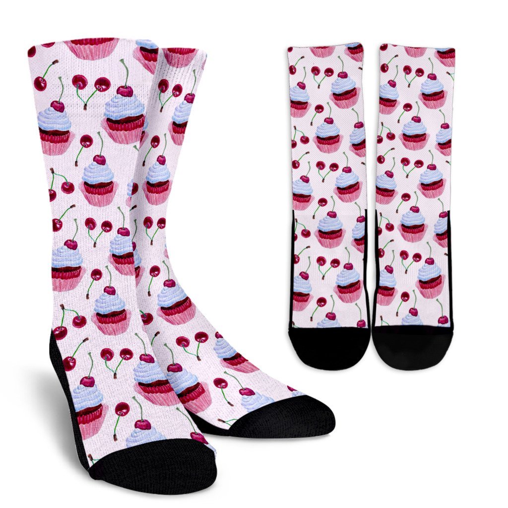 Cupcake Cherry Pattern Print Unisex Crew Socks-grizzshop