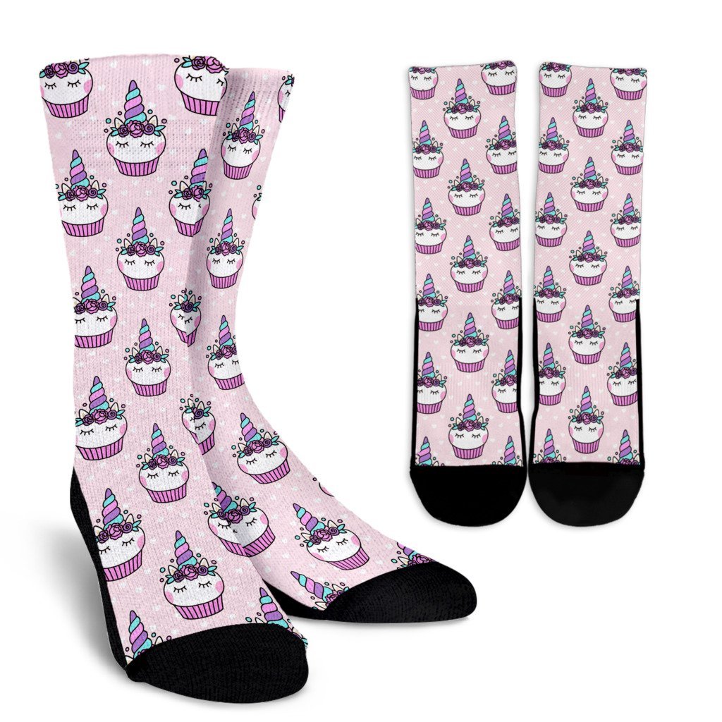 Cupcake Unicorn Pattern Print Unisex Crew Socks-grizzshop